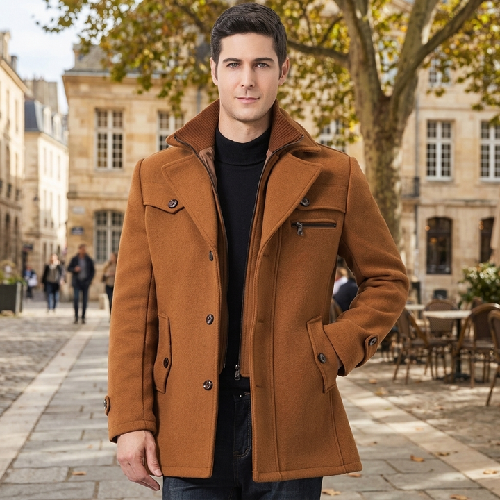 Men's Trench Coat with Layered Collar & Zip Chest Pocket | Slim Fit