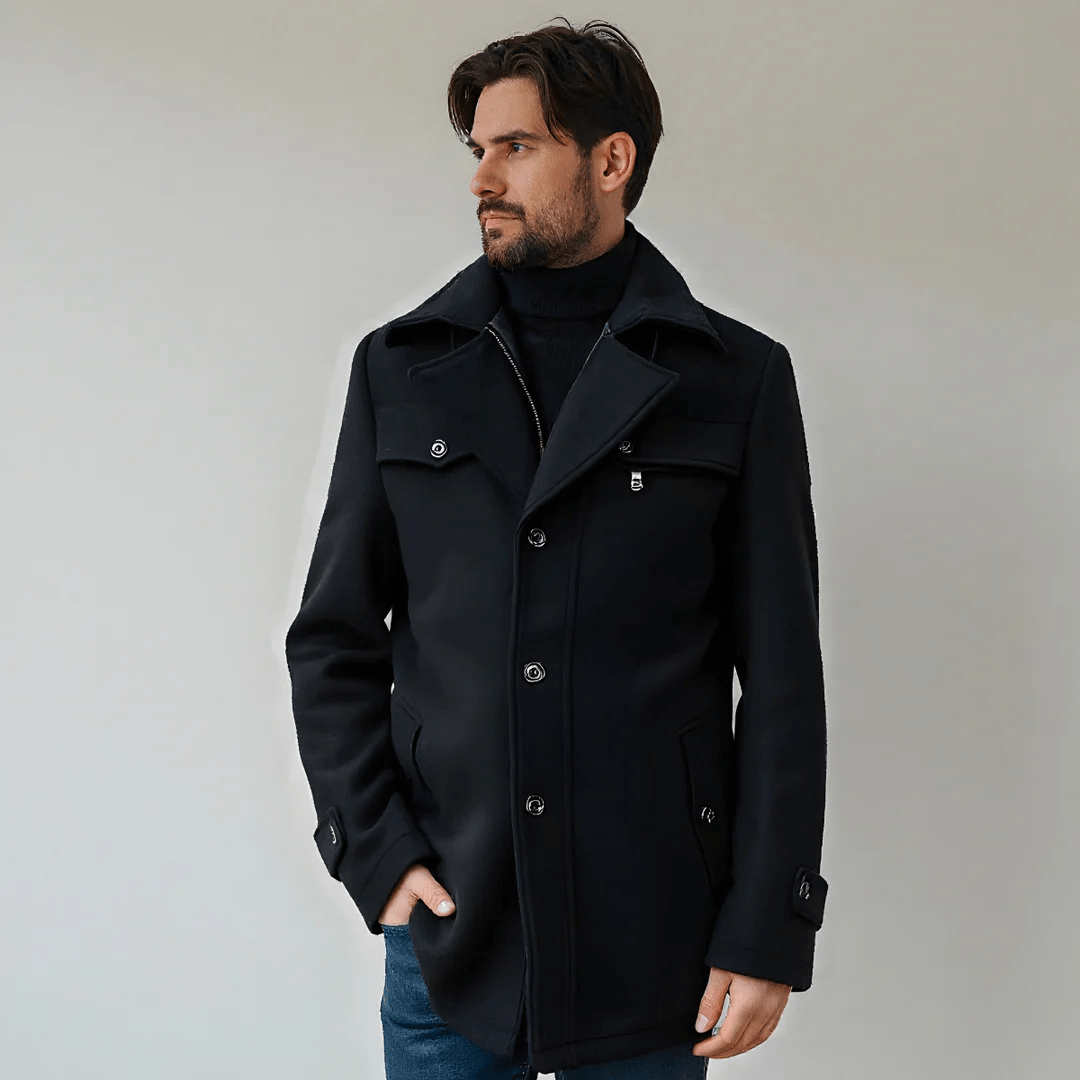 Men's Trench Coat with Layered Collar & Zip Chest Pocket | Slim Fit
