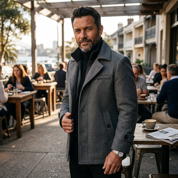 Men's Trench Coat with Layered Collar & Zip Chest Pocket | Slim Fit
