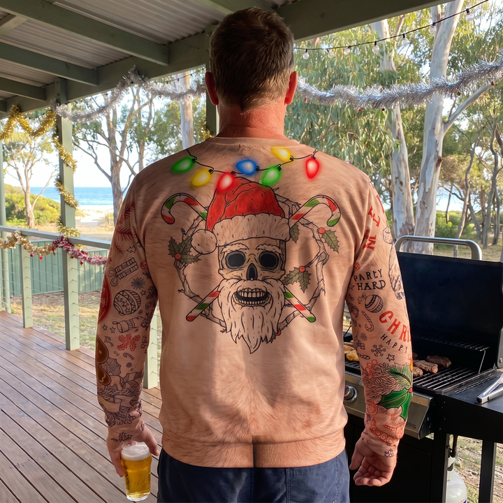 Men’s Ugly Xmas Jumper with Tattoo Sleeve Print | Crew Neck