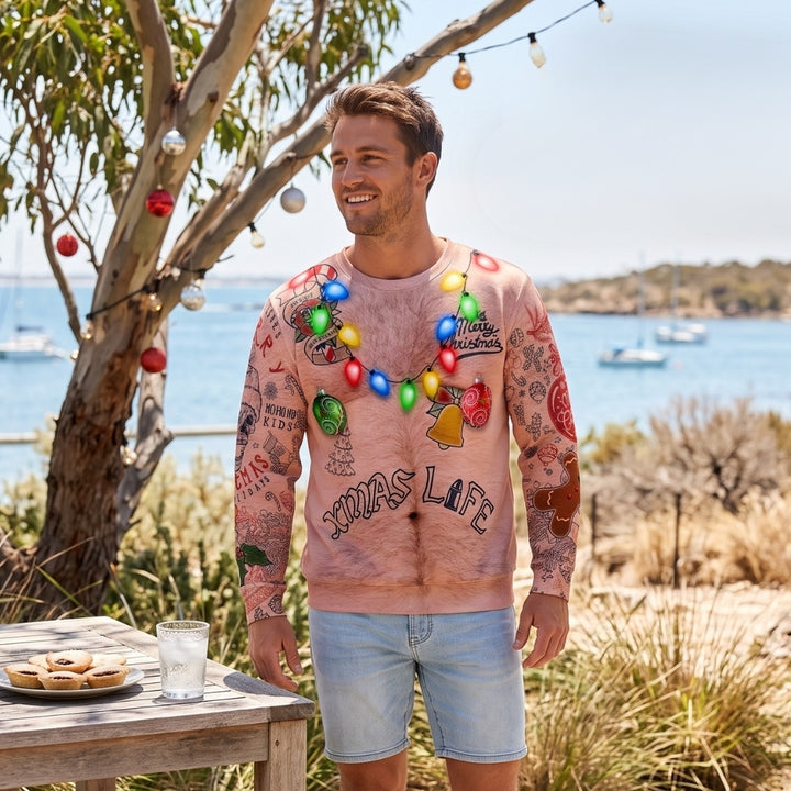 Men’s Ugly Xmas Jumper with Tattoo Sleeve Print | Crew Neck