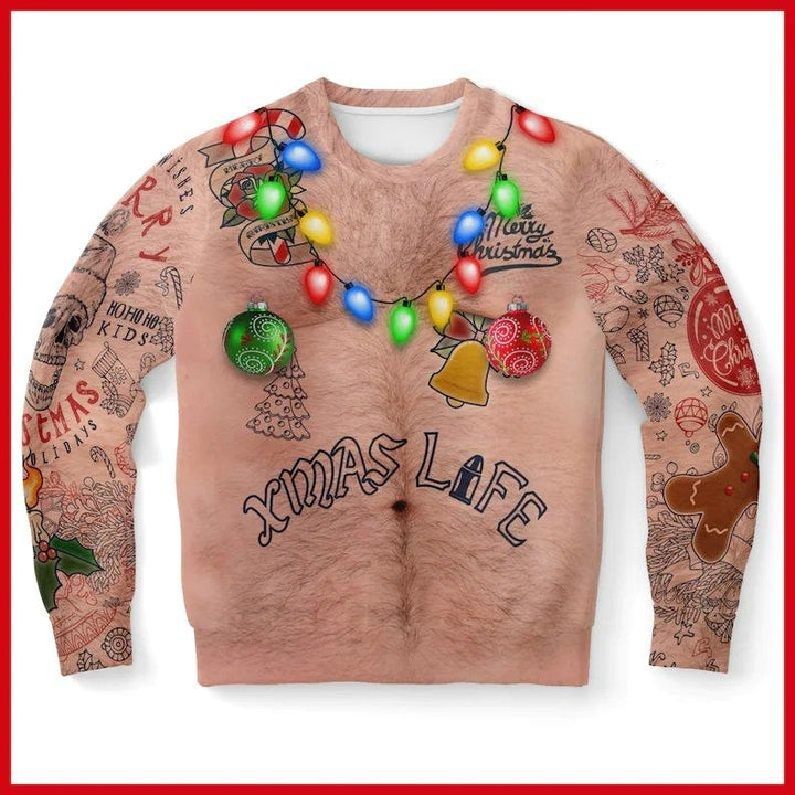 Men’s Ugly Xmas Jumper with Tattoo Sleeve Print | Crew Neck
