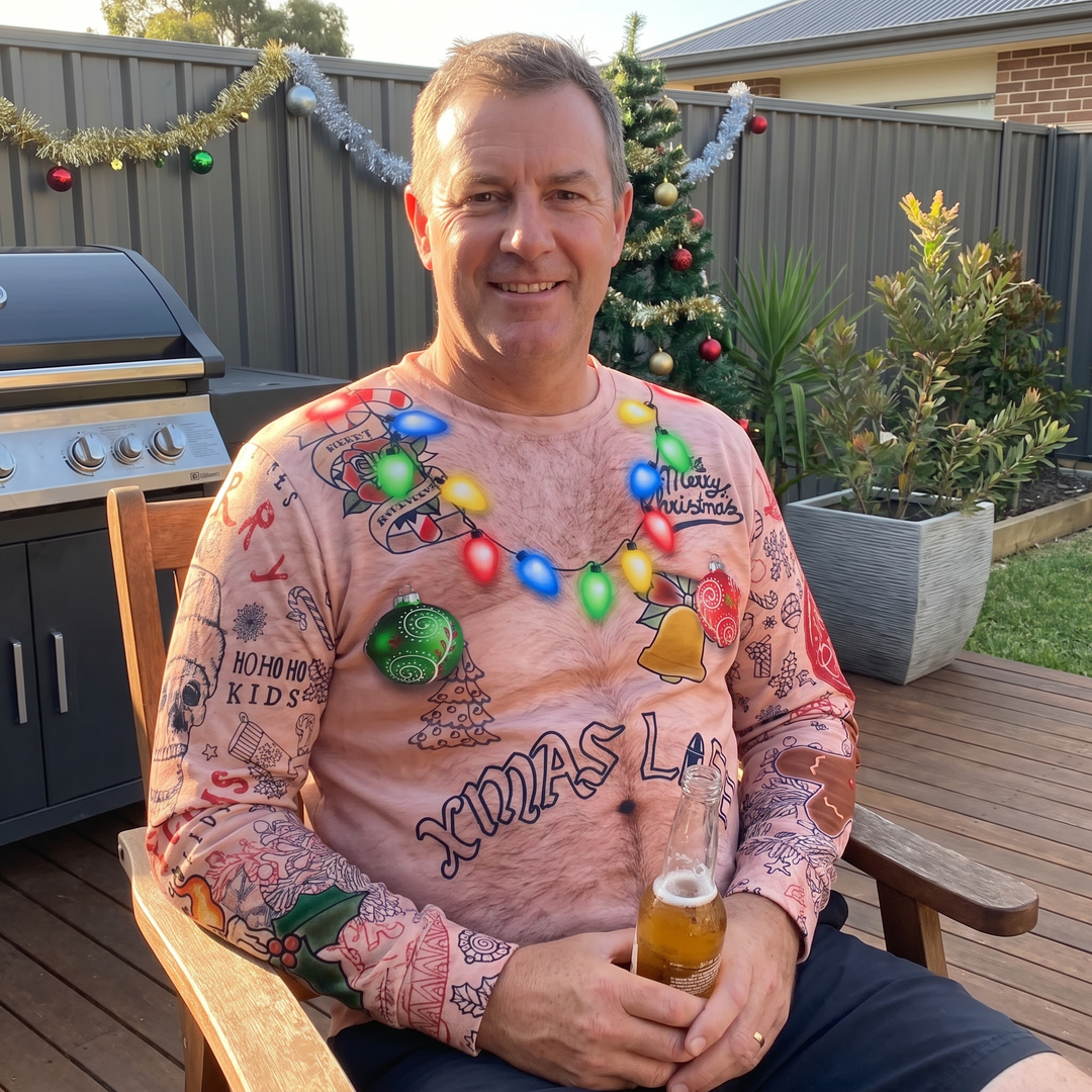 Men’s Ugly Xmas Jumper with Tattoo Sleeve Print | Crew Neck