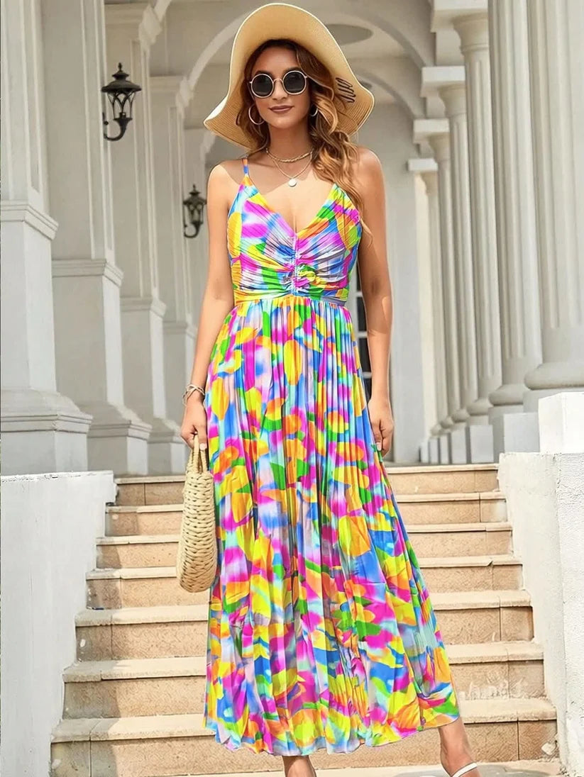 Women’s Summer Dress Abstract Print Pleated Maxi | Tie Back