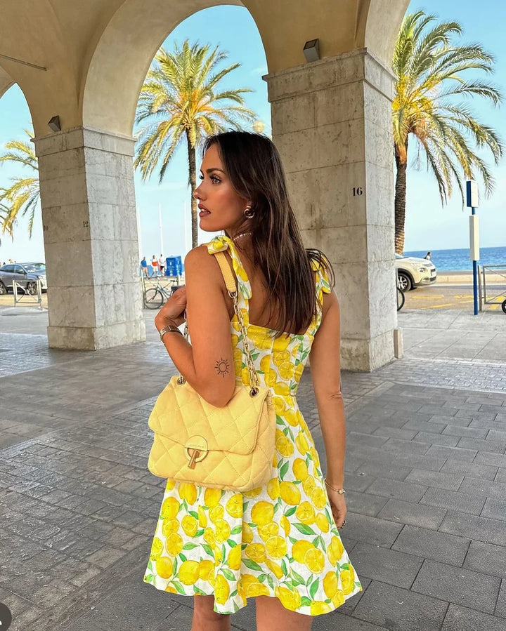 Women's Summer Dress with Lemon Print | Tie Straps