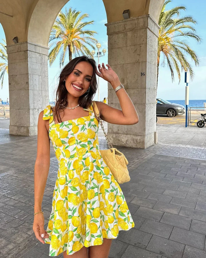 Women's Summer Dress with Lemon Print | Tie Straps