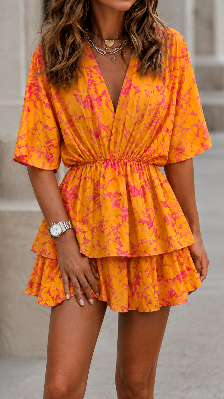 Women's Spring Dress with V-Neck & Floral Print | Tiered Mini