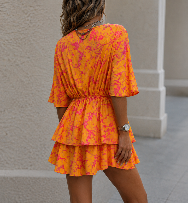 Women's Spring Dress with V-Neck & Floral Print | Tiered Mini