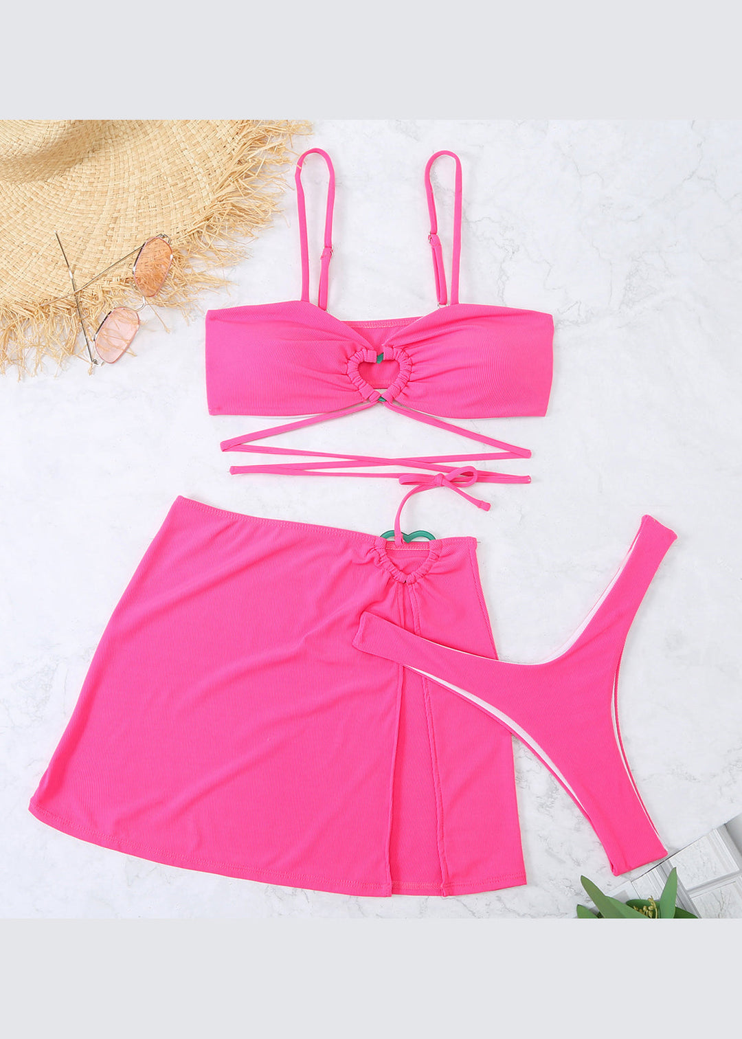 Women’s 3 Piece Bikini Set with Heart Ring Detail | Wrap Skirt