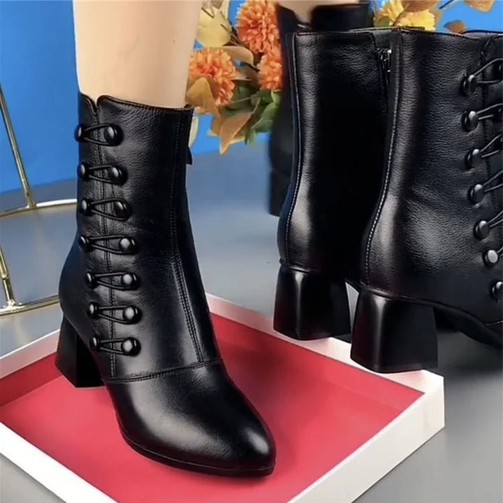 Women's Ankle Black Boots | Button Detail
