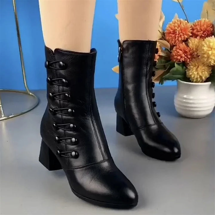 Women's Ankle Black Boots | Button Detail
