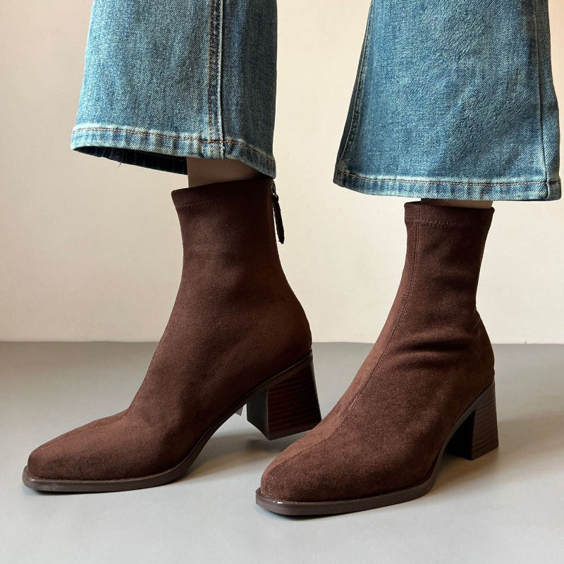 Women's Ankle Boots with Block Heel & Back Zip | Square Toe