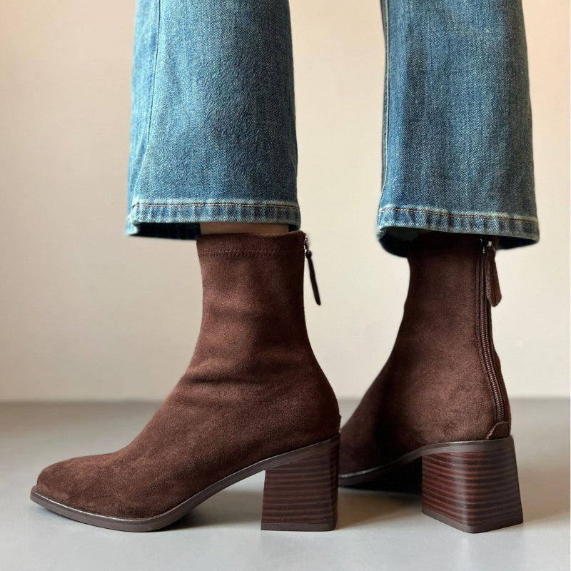 Women's Ankle Boots with Block Heel & Back Zip | Square Toe