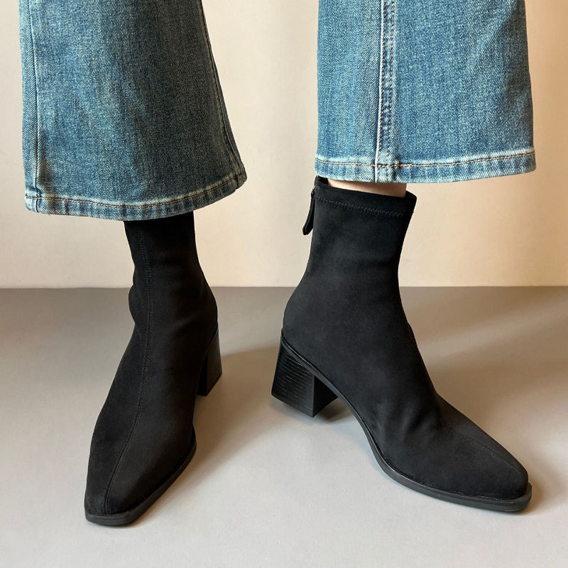 Women's Ankle Boots with Block Heel & Back Zip | Square Toe