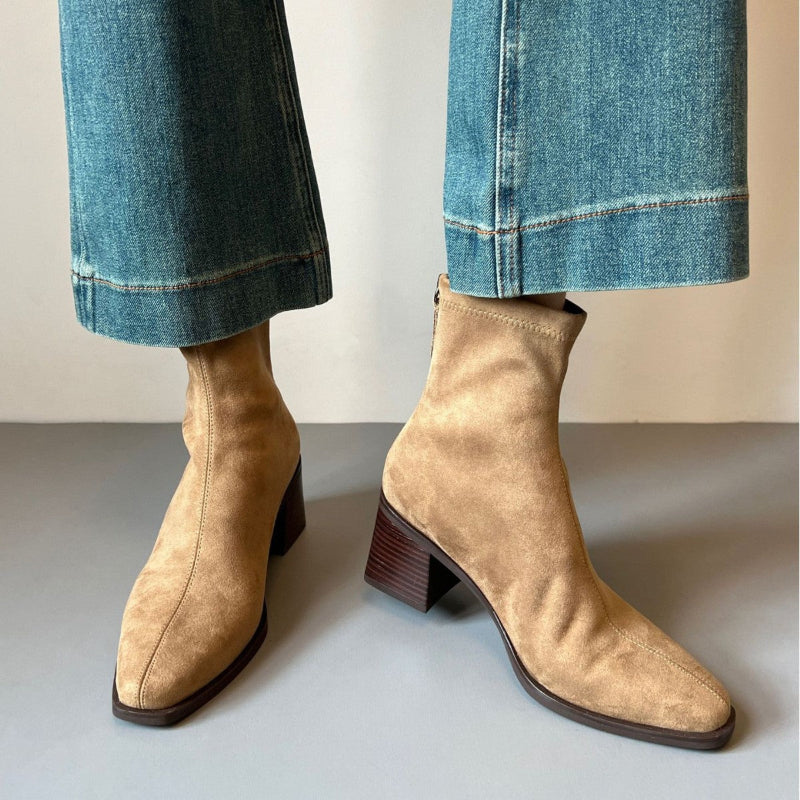 Women's Ankle Boots with Block Heel & Back Zip | Square Toe