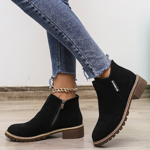 Women's Ankle Boots with Side Zip & Block Heel | Round Toe