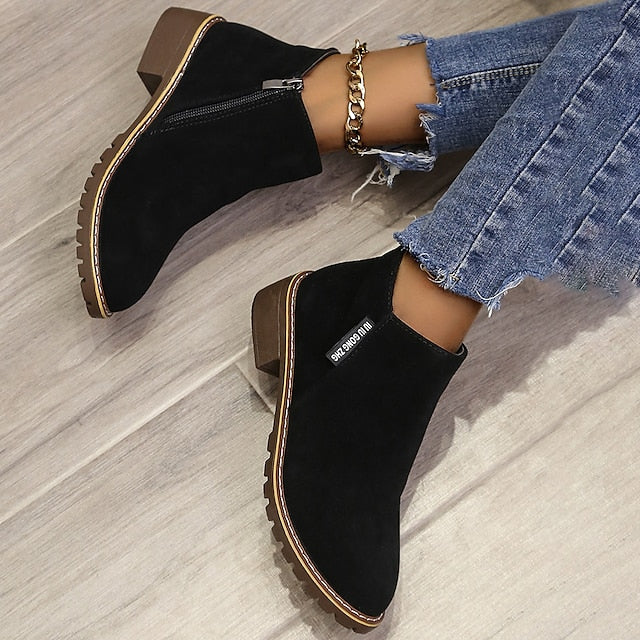 Women's Ankle Boots with Side Zip & Block Heel | Round Toe