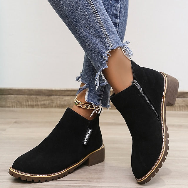 Women's Ankle Boots with Side Zip & Block Heel | Round Toe