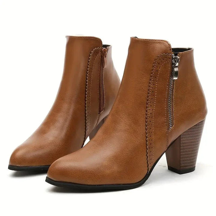 Women's Ankle Boots with Side Zip & Scalloped Trim | Block Heel