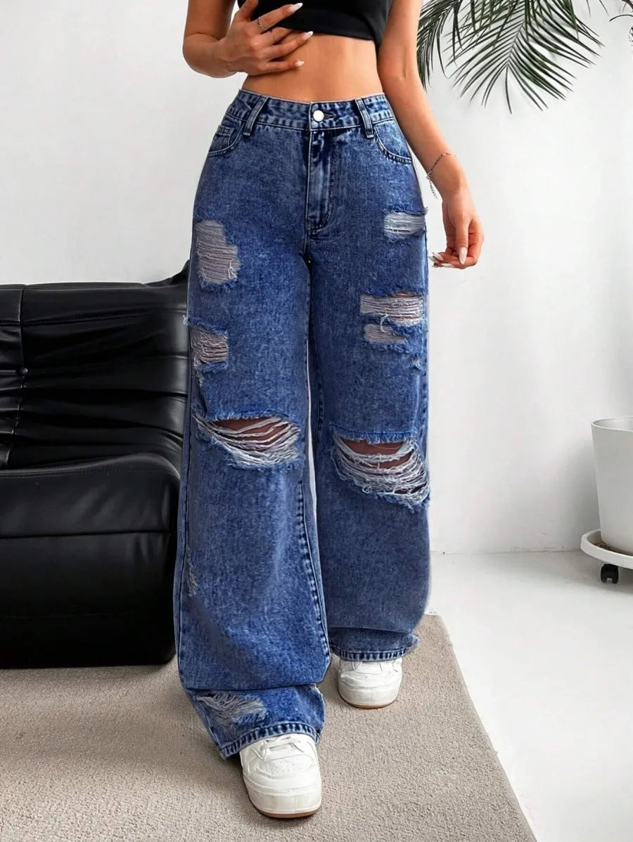 Women's Baggy Jeans with Distressed Rips | High Waist