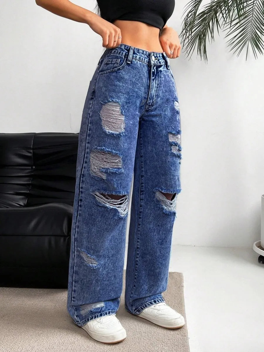 Women's Baggy Jeans with Distressed Rips | High Waist