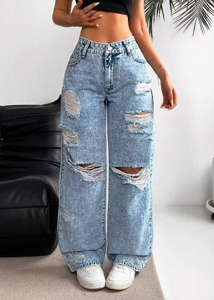 Women's Baggy Jeans with Distressed Rips | High Waist