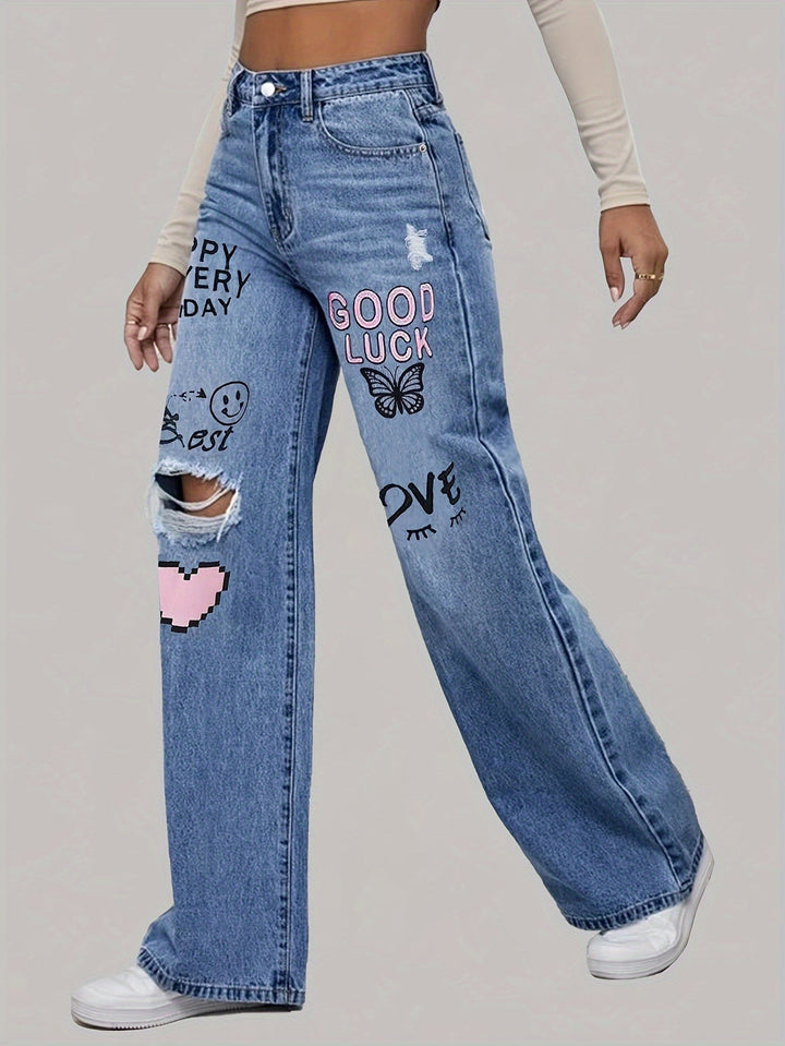 Women's Baggy Jeans with Graphic Print | Wide Leg