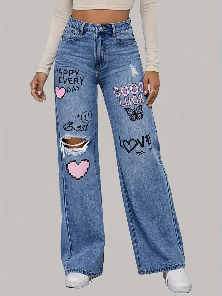 Women's Baggy Jeans with Graphic Print | Wide Leg