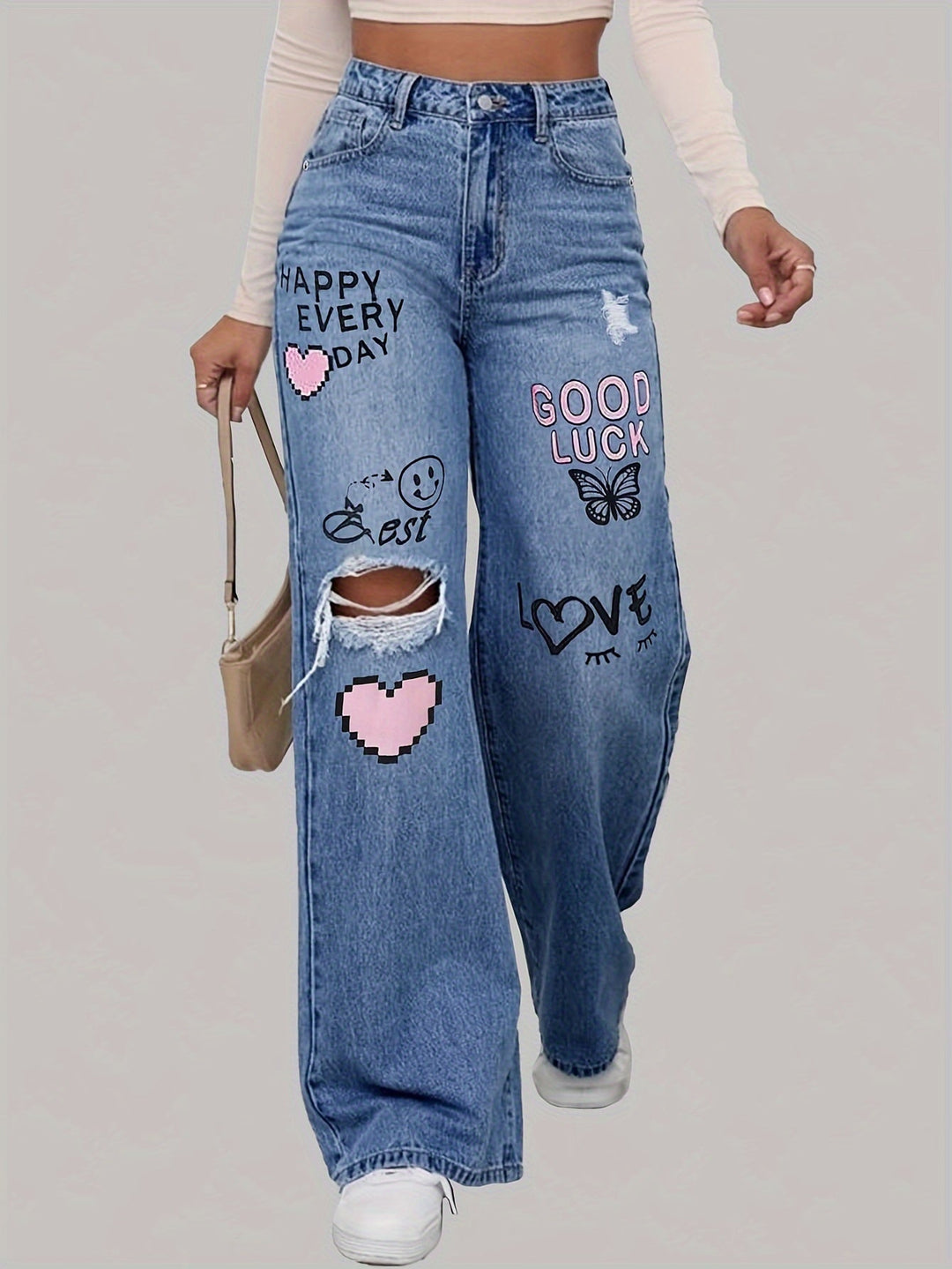 Women's Baggy Jeans with Graphic Print | Wide Leg