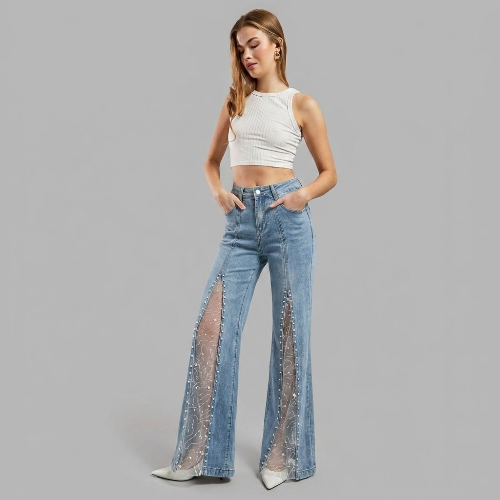 Women's Baggy Jeans with Lace Panel | Wide Leg