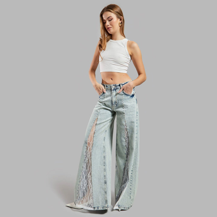 Women's Baggy Jeans with Lace Panel | Wide Leg