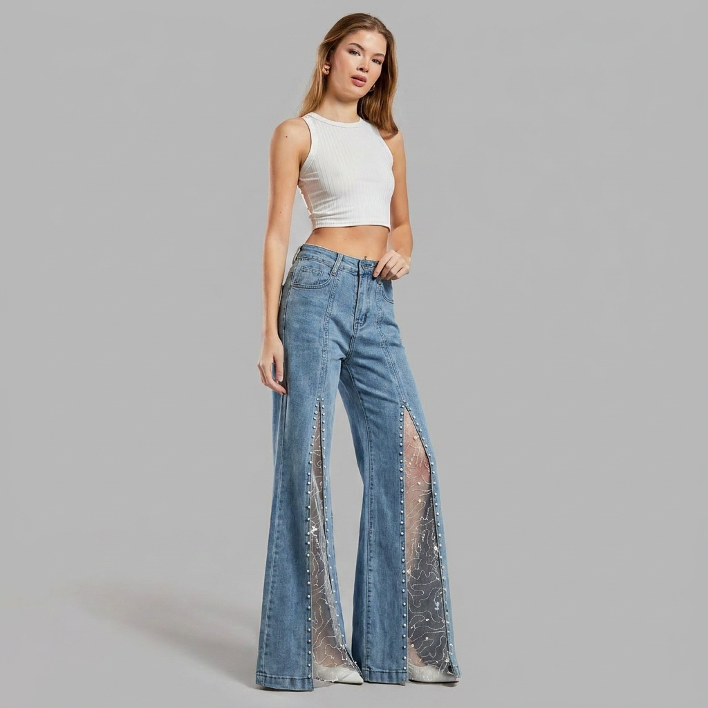Women's Baggy Jeans with Lace Panel | Wide Leg