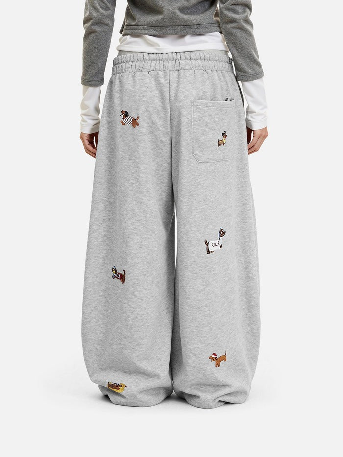 Women's Baggy Sweatpants with Dog Embroidery | Wide Leg Drawstring