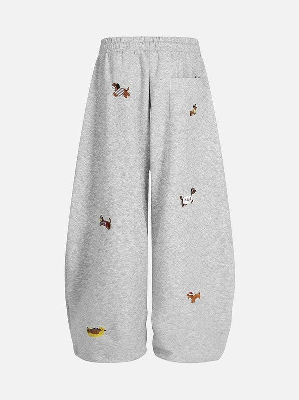 Women's Baggy Sweatpants with Dog Embroidery | Wide Leg Drawstring