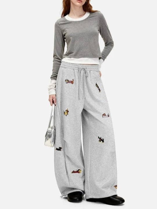 Women's Baggy Sweatpants with Dog Embroidery | Wide Leg Drawstring