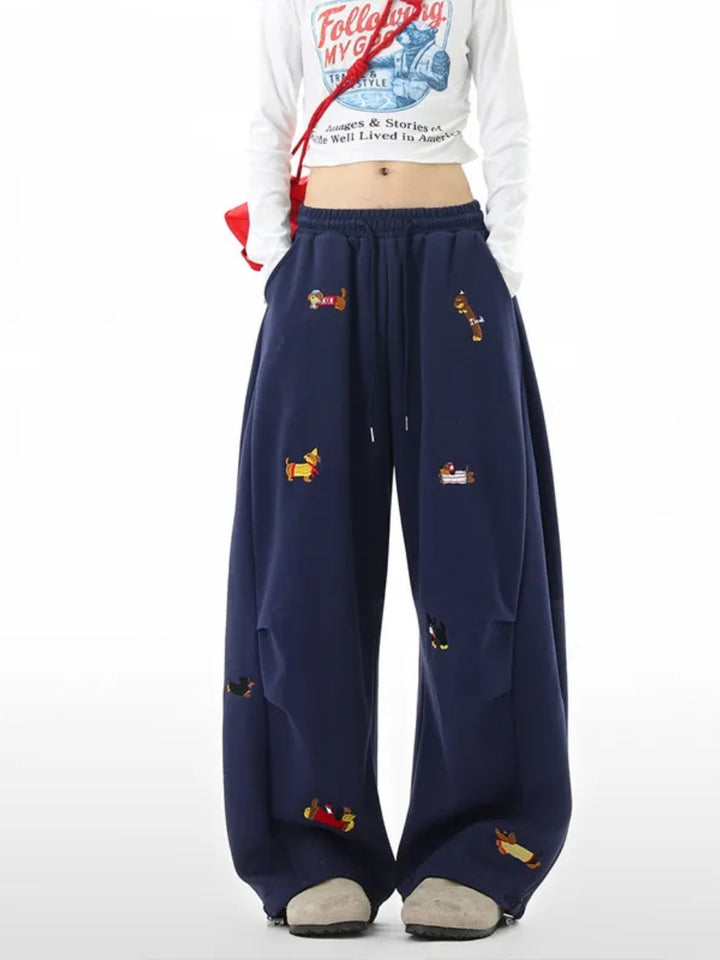 Women's Baggy Sweatpants with Dog Embroidery | Wide Leg Drawstring
