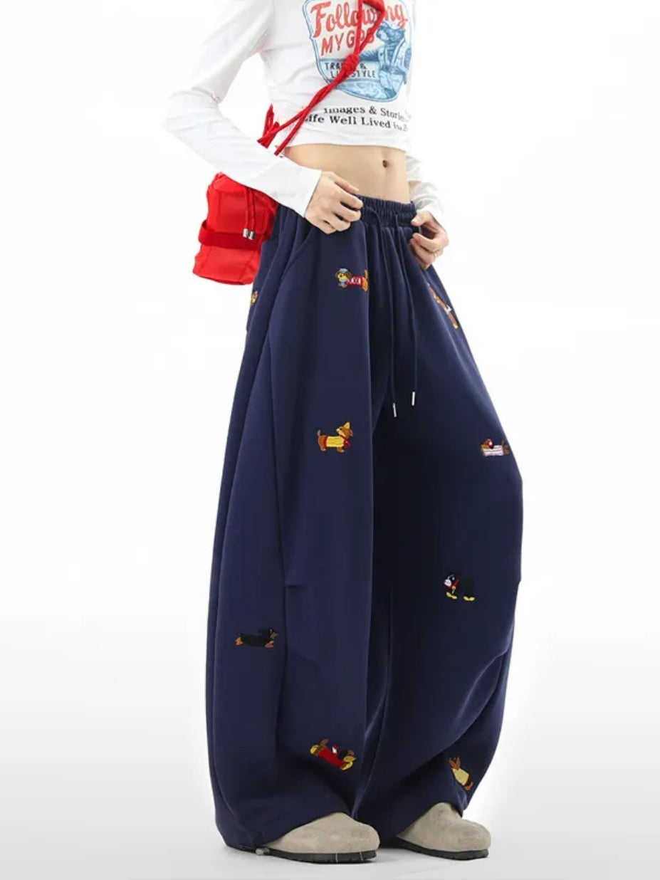 Women's Baggy Sweatpants with Dog Embroidery | Wide Leg Drawstring