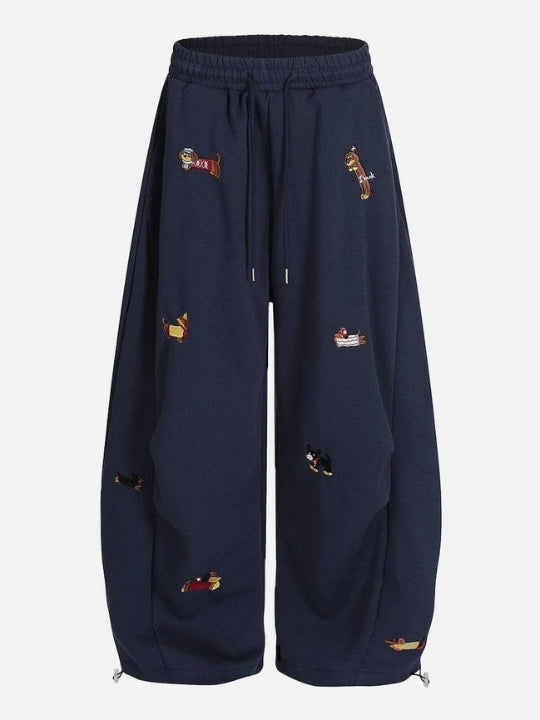 Women's Baggy Sweatpants with Dog Embroidery | Wide Leg Drawstring