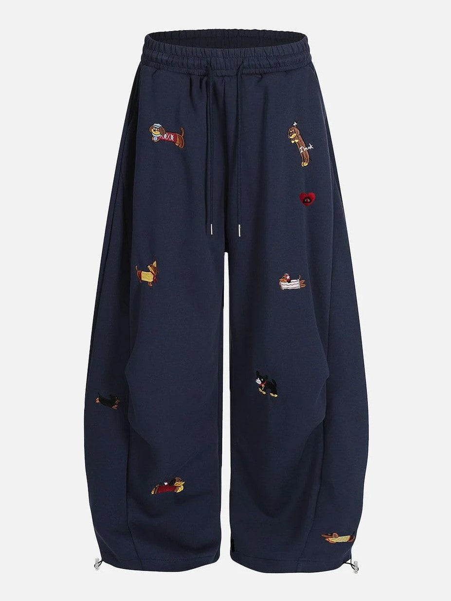 Women's Baggy Sweatpants with Dog Embroidery | Wide Leg Drawstring