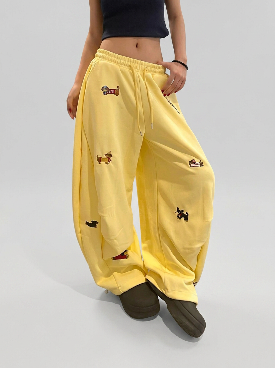 Women's Baggy Sweatpants with Dog Embroidery | Wide Leg Drawstring