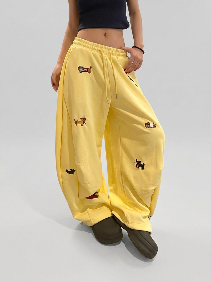 Women's Baggy Sweatpants with Dog Embroidery | Wide Leg Drawstring