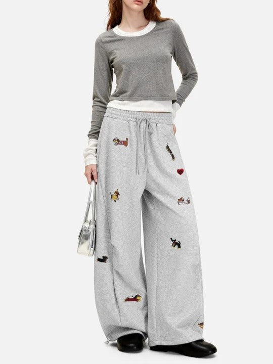 Women's Baggy Sweatpants with Dog Embroidery | Wide Leg Drawstring
