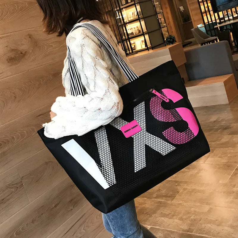 Women’s Beach Bag Large Tote with Zip Pocket | Striped Handles