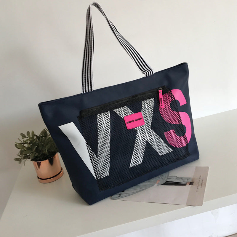Women’s Beach Bag Large Tote with Zip Pocket | Striped Handles