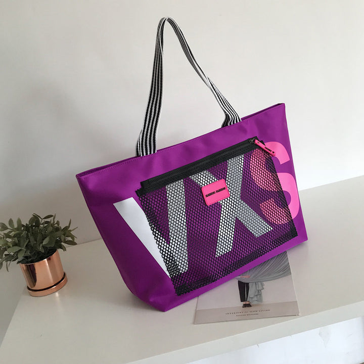 Women’s Beach Bag Large Tote with Zip Pocket | Striped Handles