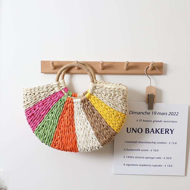 Women’s Beach Bag Rainbow Woven Tote | Half Moon Round Handles