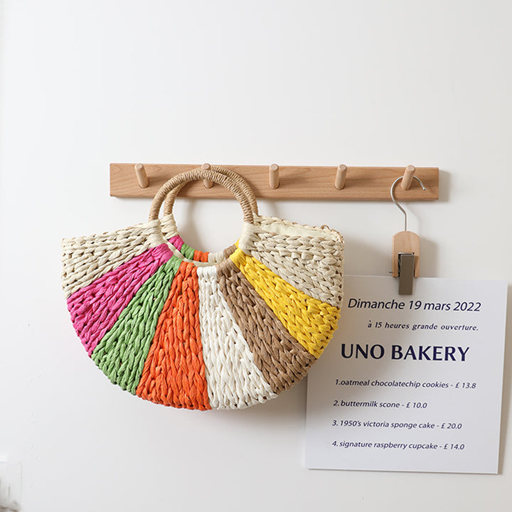 Women’s Beach Bag Rainbow Woven Tote | Half Moon Round Handles
