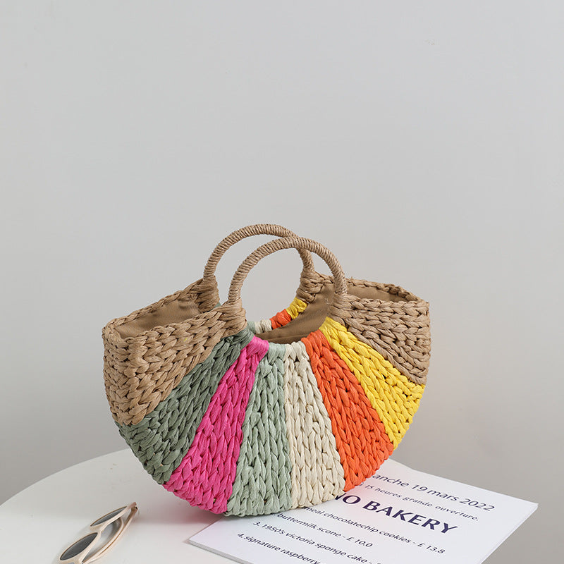 Women’s Beach Bag Rainbow Woven Tote | Half Moon Round Handles