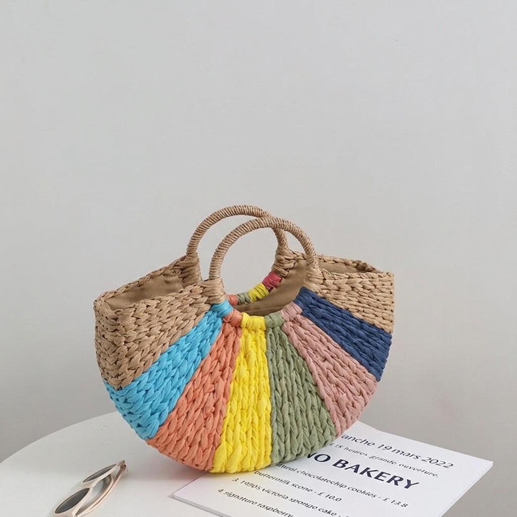 Women’s Beach Bag Rainbow Woven Tote | Half Moon Round Handles