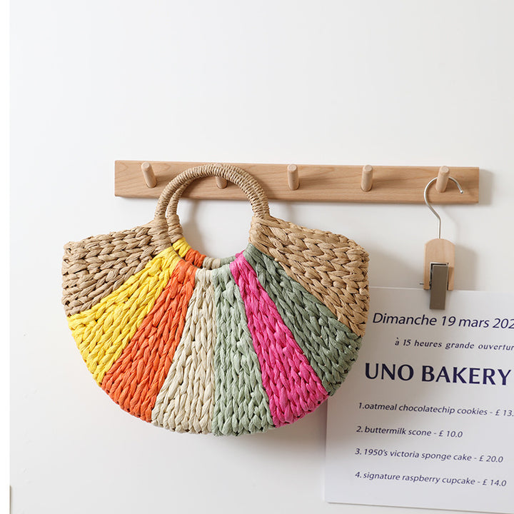 Women’s Beach Bag Rainbow Woven Tote | Half Moon Round Handles